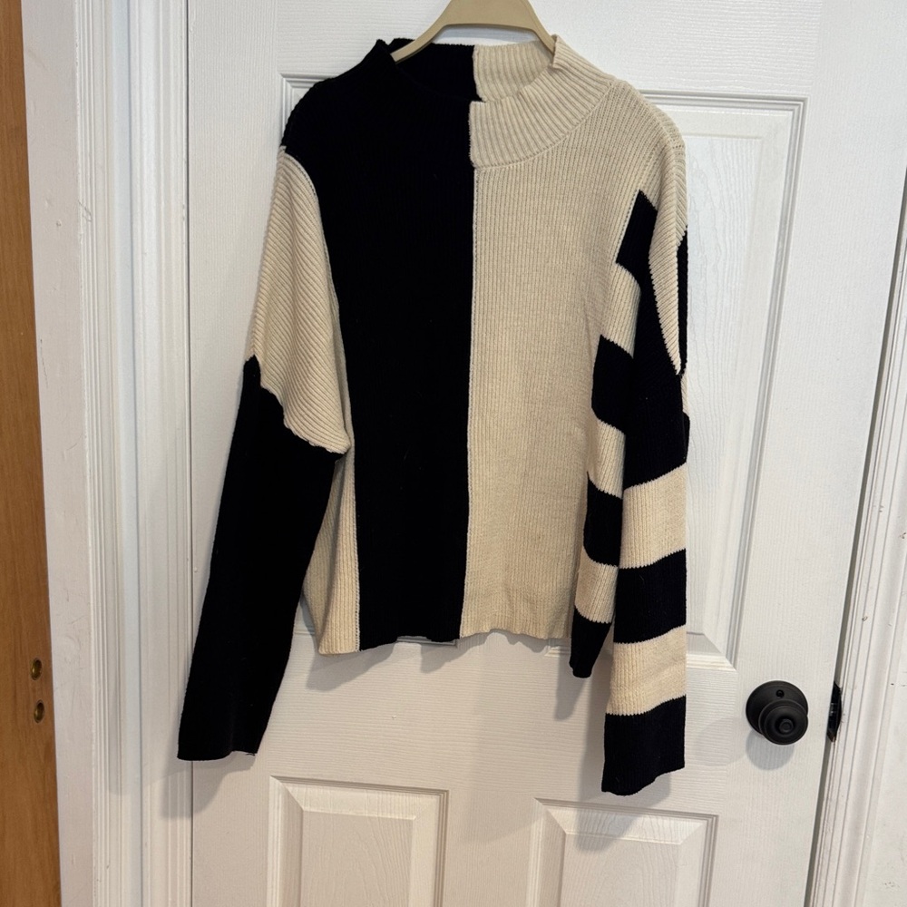 Neutral Colorblock Turtleneck Sweater - Black & Cream